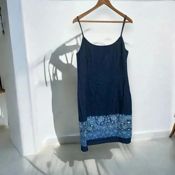 Vintage Denim Like Navy Blue Dress with Floral Paisley Hem Western Boho 14W - Picture 1 of 6